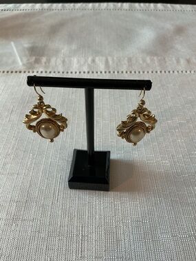 Regency Style Faux Pearl Gold Tone Drop Earrings